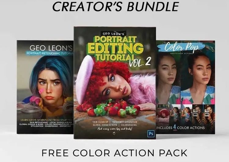 Geo Leon’s Portrait Retouching Tutorial VOLUME I & II + Color Action pack Bundle with BONUS